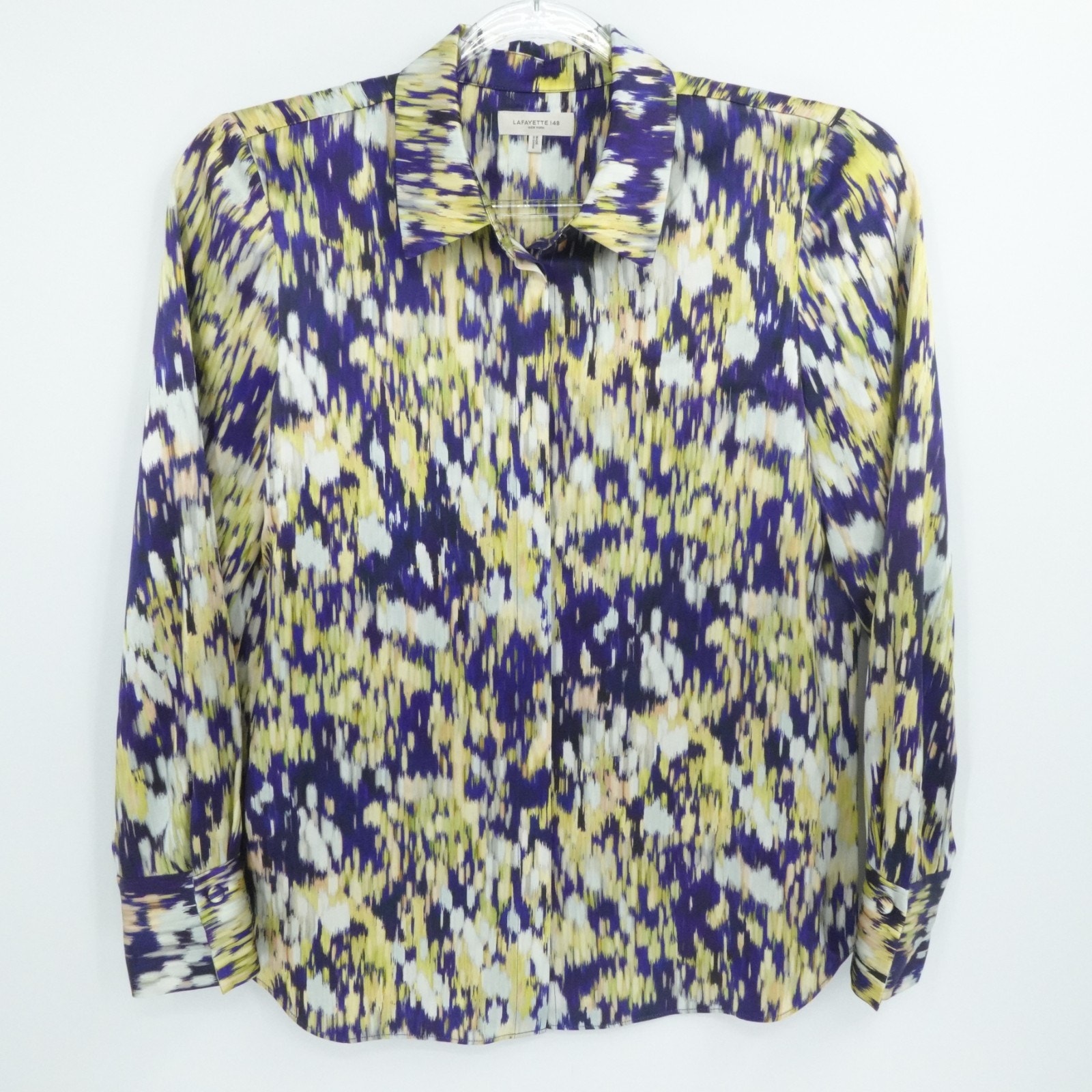 Lafayette 148 Shirt Womens Medium Blue Abstract Artsy Statement Silk Career